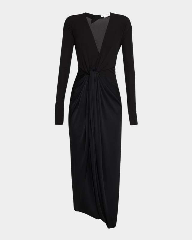 Long-Sleeve Knot Slit Jersey Gown